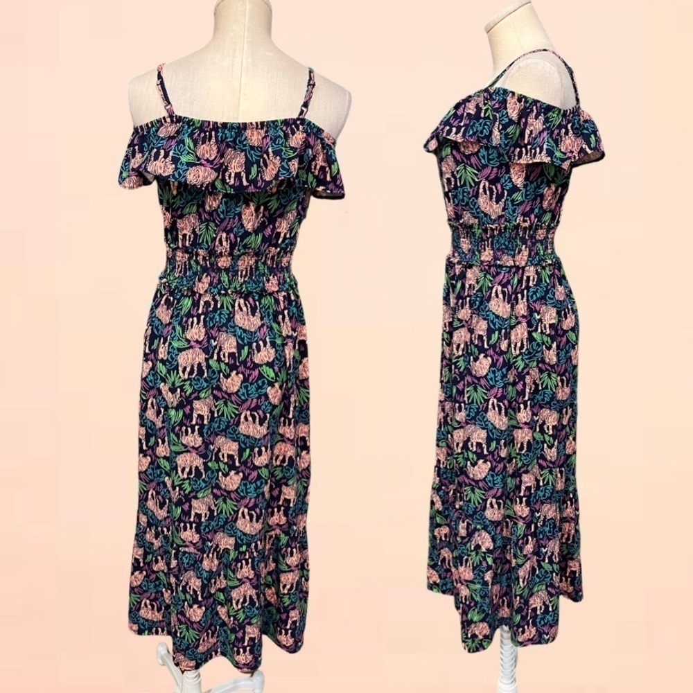 CAT & JACK black jungle theme maxi dress with spaghetti straps and chest ruffle